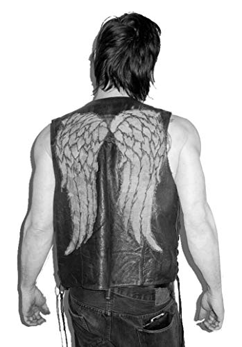 Fashion_First Chaleco de motociclista para hombre, diseño de alas de ángel, color negro, chaqueta de cuero para disfraz de motociclista, chaleco Daryl, Piel auténtica de color negro., XXXXL