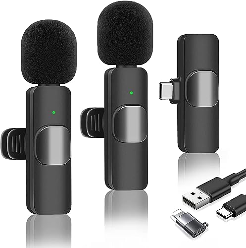 Wireless Lavalier Micrófono, Wireless Micrófonos for iPhone/Android/iPad/Laptop, Clip on Micrófono Plug Play and Noise Reduction, 2 Pack Lapel Mic for Recording, Live Streaming (Black)